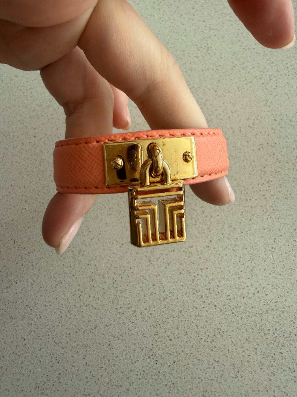 Tory Burch Peach Leather Bracelet with Gold Signature Charm Adjustable Dust Bag